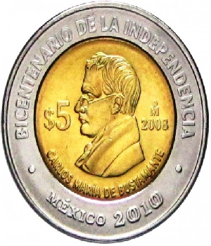 Imagen de Carlos Maria de Bustamante Moneda de 5 pesos Bicentenario de la Independencia de Mexico numero 0