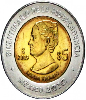 Imagen de Moneda Leona Vicario Bicentenario de la Independencia de Mexico 5 pesos  numero 0