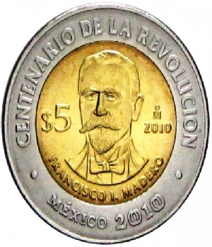 Imagen de Moneda de 5 pesos Francisco I Madero Centenario de la Revolucion Circulada numero 0