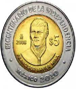 Imagen de Moneda de 5 pesos Francisco Xavier Mina Centenario de la Revolucion Circulada numero 0